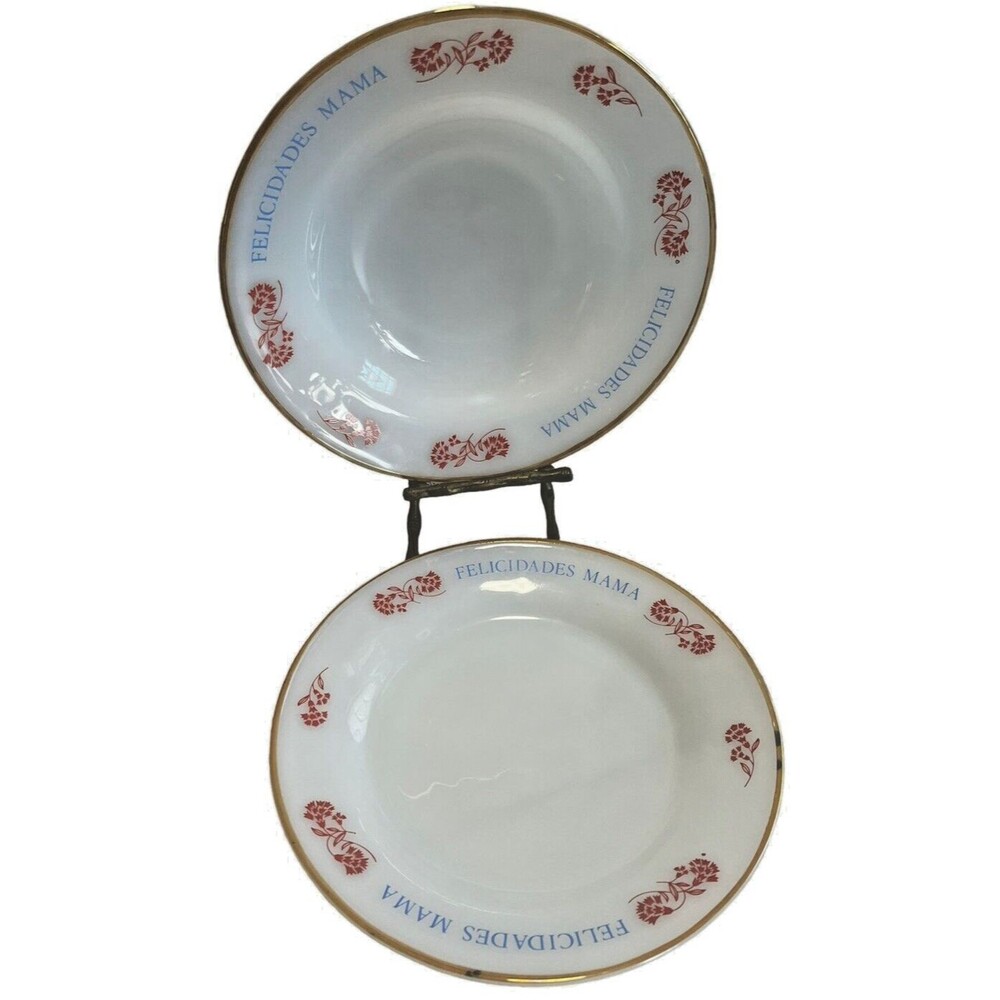 Termocrisa Milk Glass Red Blue Gold Rim Bowl & Plate FELICIDADES MAMA  Mexico